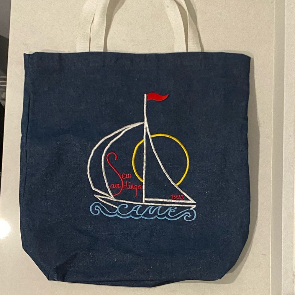 1993 Vintage Mini Denim Tote Bag Cottagecore "Sew San Diego" Nautical Theme